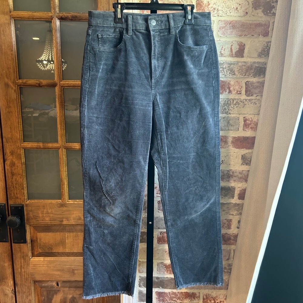 LOFT Corduroy Pants Womens Gray Blue High Rise Straight Leg Raw Hem 28 6